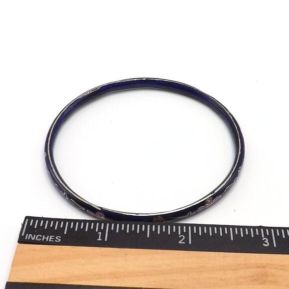 Vintage Cloisonne Floral Bangle Bracelet, Dark Blue Enamel, 7 3/4 Inch, 1960s - Picture 6 of 12